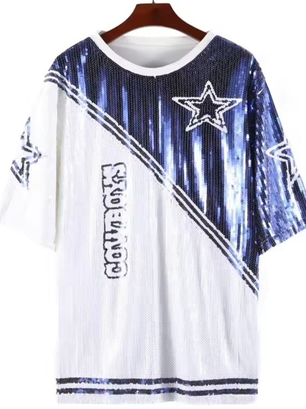 Sequin Star Accent Short Sleeve Dallas Cowboys Jersey- White & Blue